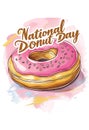 Illustration of vibrant pink frosted donut adorned with colorful sprinkles. Text âNational Donut Dayâ accompanies